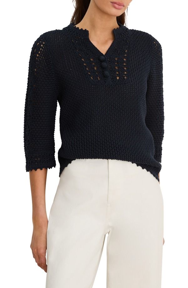ニックプラスゾーイ レディース アウター パーカー・スウェット セミシアー セーター シアー コットン NICZOE Semisheer Cotton Blend Open Stitch Sweater Dark Indigo インディゴ