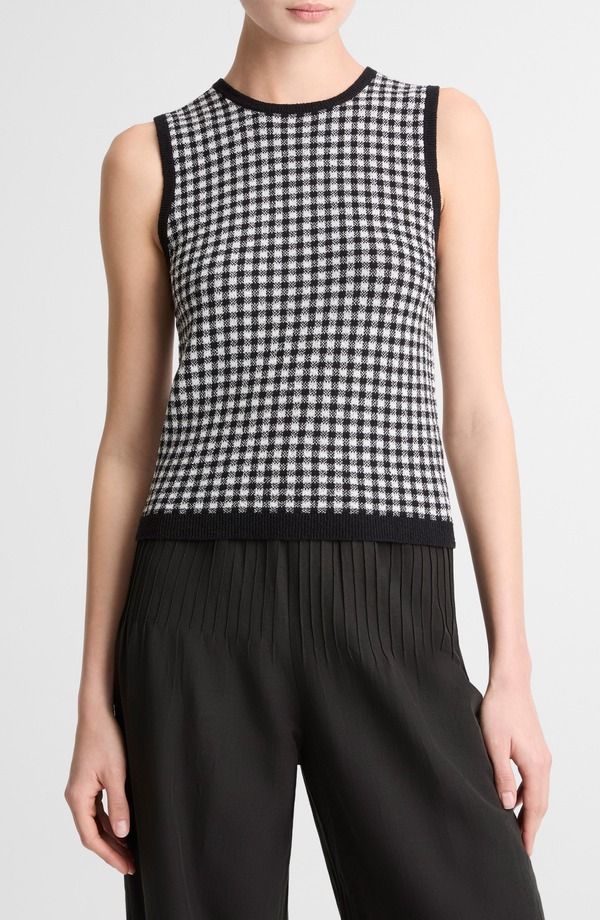 ヴィンス レディース アウター パーカー・スウェット ギンガムチェック ウール セーター ノースリーブ コットン ギンガム Vince Gingham Check Sleeveless Wool Cotton Blend Sweater Black Off W 52,080円
