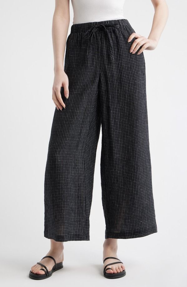 エイリーンフィッシャー レディース ボトムス レギンス ワイドレッグ パンツ アンクル Eileen Fisher Windowpane Check Wide Leg Ankle Pants Black White ホワイト