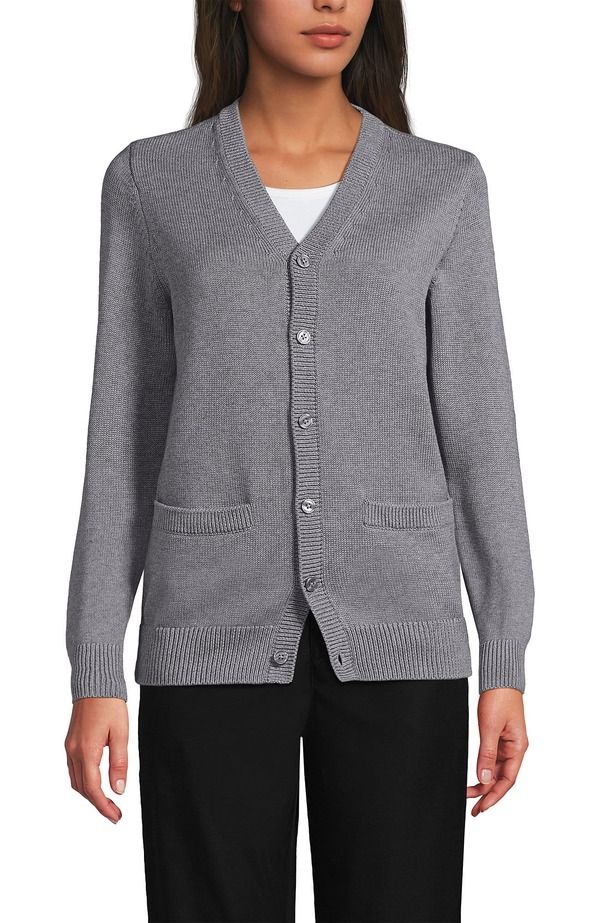 ランズエンド レディース アウター パーカー・スウェット カーディガン Lands End School Uniform Adult Legacy Varsity Cardigan Pewter Heather ヘザー