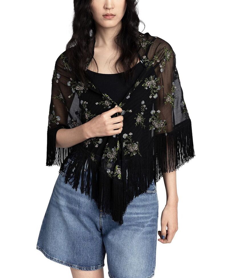 アナスイ レディース アクセサリー リング シフォン 刺繍 フリンジ Anna Sui Bluebell Embroidered Chiffon Fringe Shawl Black Multi ブラック