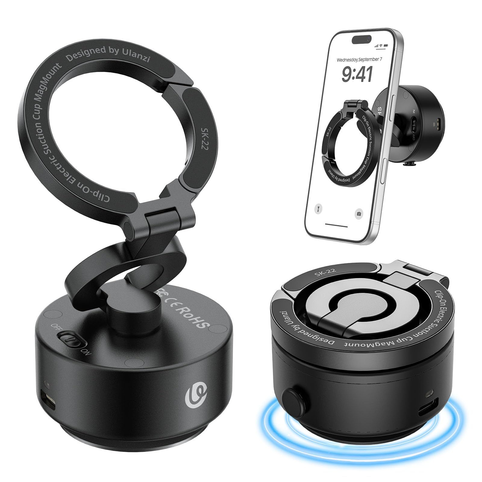 Ulanzi SK-22 スマホスタンド MagSafe対応 両面マグネット 電動式 吸盤スマホホルダー マウント 360度回転 ガラスに吸着 取り付け簡単 耐荷重500g 卓上/キッチン/車用 折りたたみ式 持ち運び便利 携带スマホホルダー iPh ...