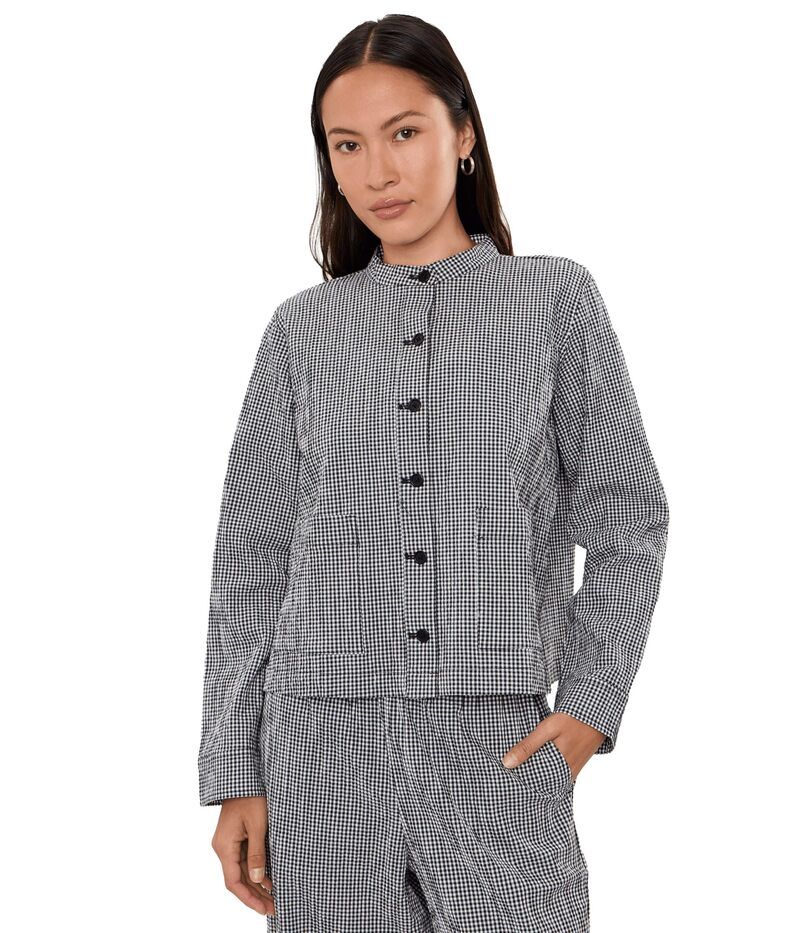 エイリーンフィッシャー レディース アウター コート プチ コットン ジャケット Eileen Fisher Petite Organicotton Pucker Check Mandarin Collar Jacket Black White ホワイト