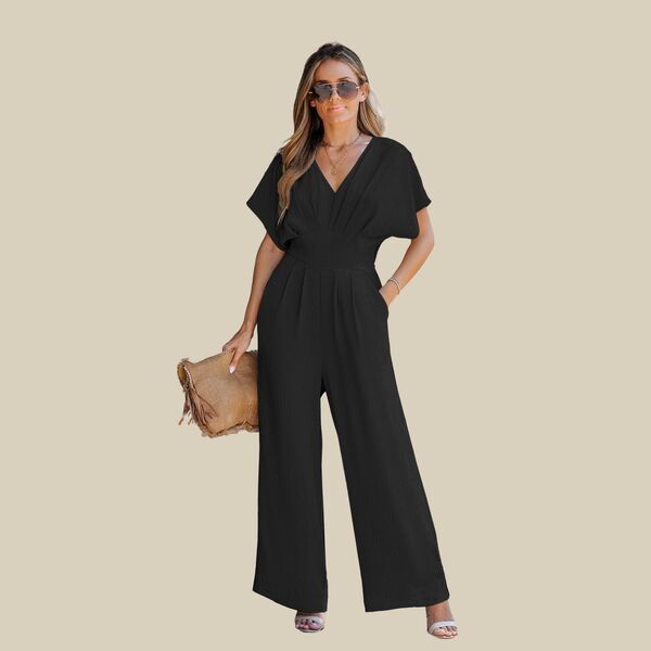 カップシー レディース ボトムス ハーフパンツ・ショーツ Vネック シフォン ジャンプスーツ Cupshe Womens Crinkled Chiffon Surplice VNeck Wideleg Jumpsuit Black ブラック の商品写真