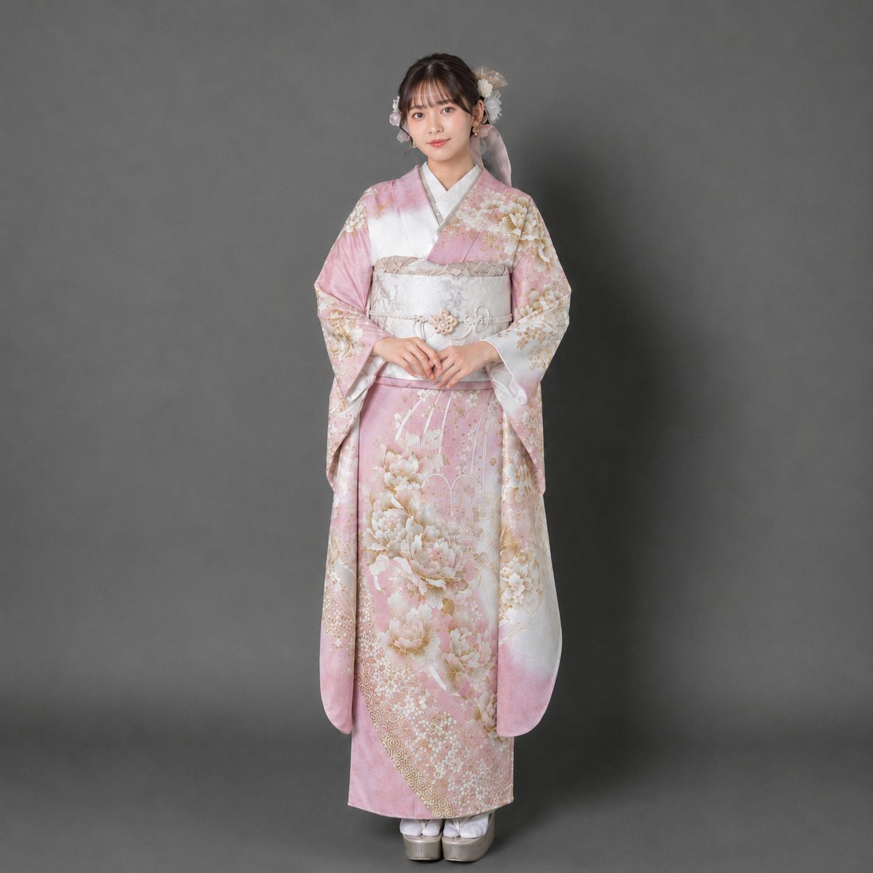 中古品 正絹 振袖 桂由美 上品なピンク 成人式 結婚式 未仕立て・新品・未使用品】振袖 十日町関芳謹製 金彩振袖 桂由美