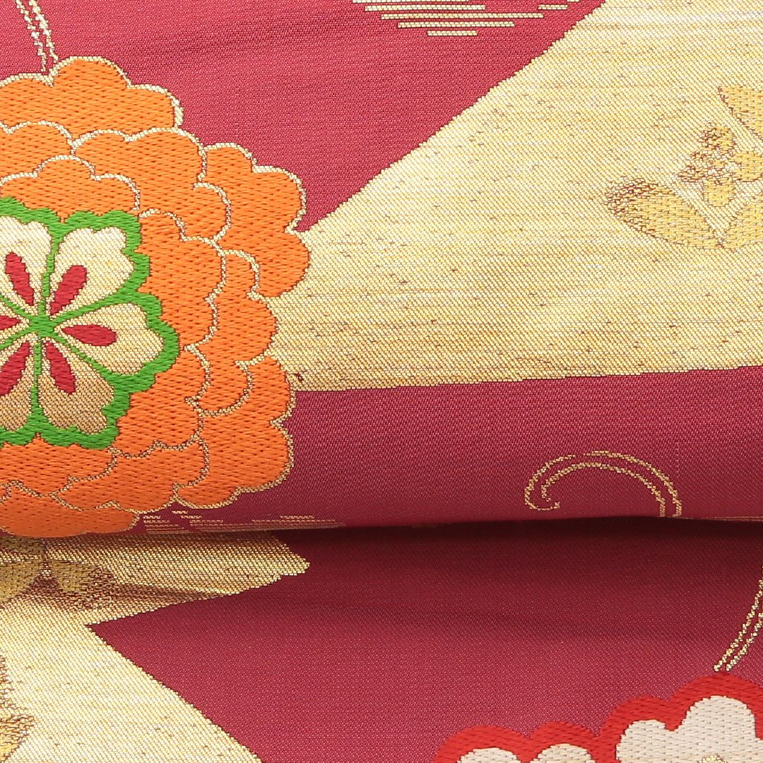 特価！アンティーク 九寸名古屋帯 帯丈330cm 正絹 六通 名古屋仕立て 織り 七宝 菊 赤系 RP 1245-02103