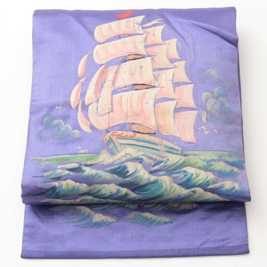 お買い得品！アンティーク 九寸名古屋帯 帯丈365cm 正絹 ポイント柄 名古屋仕立て 帯芯なし 染め 綸子 ペンテ帯 船 紫系 UR 1245-02136
