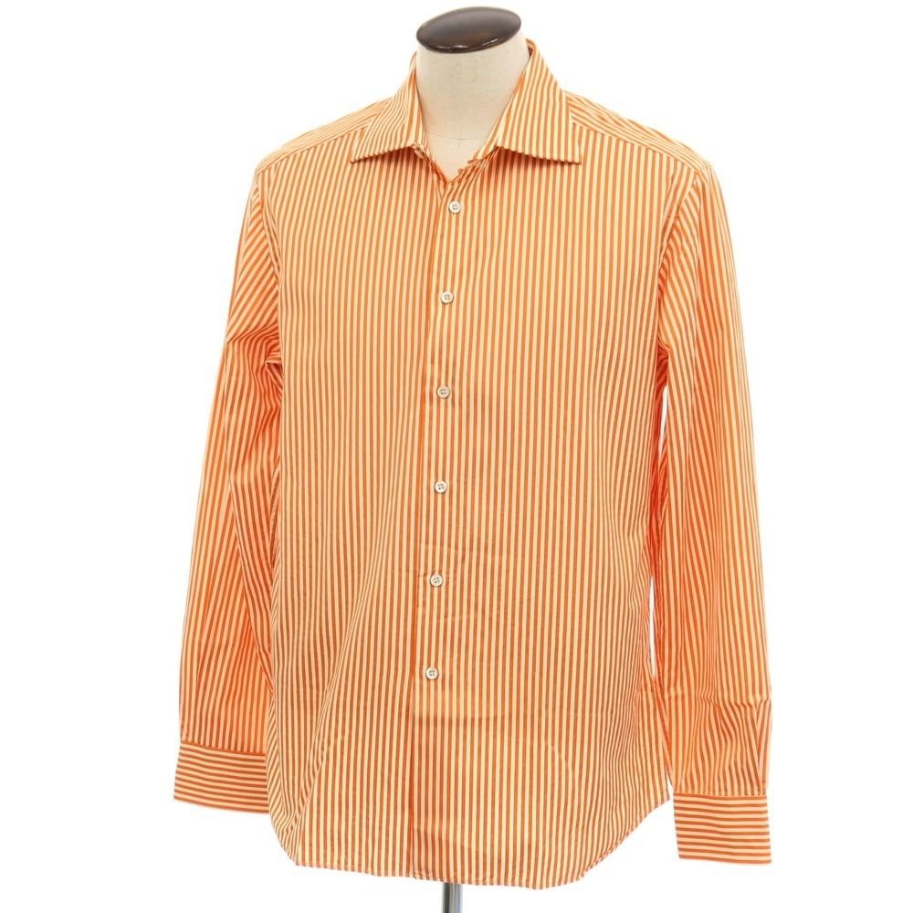 【中古】プラダ PRADA コットン ストライプ バッグプリント セミワイドカラー カジュアルシャツ オレンジxオフホワイト【サイズ42】【メンズ】 8,894円