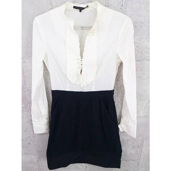 ◇ BCBGMAXAZRIA ビーシービージーマックスアズリア バイカラー 長袖 膝丈 ワンピース 0 オフホワイト ブラック レディース 【中古】 【1002797016010】
