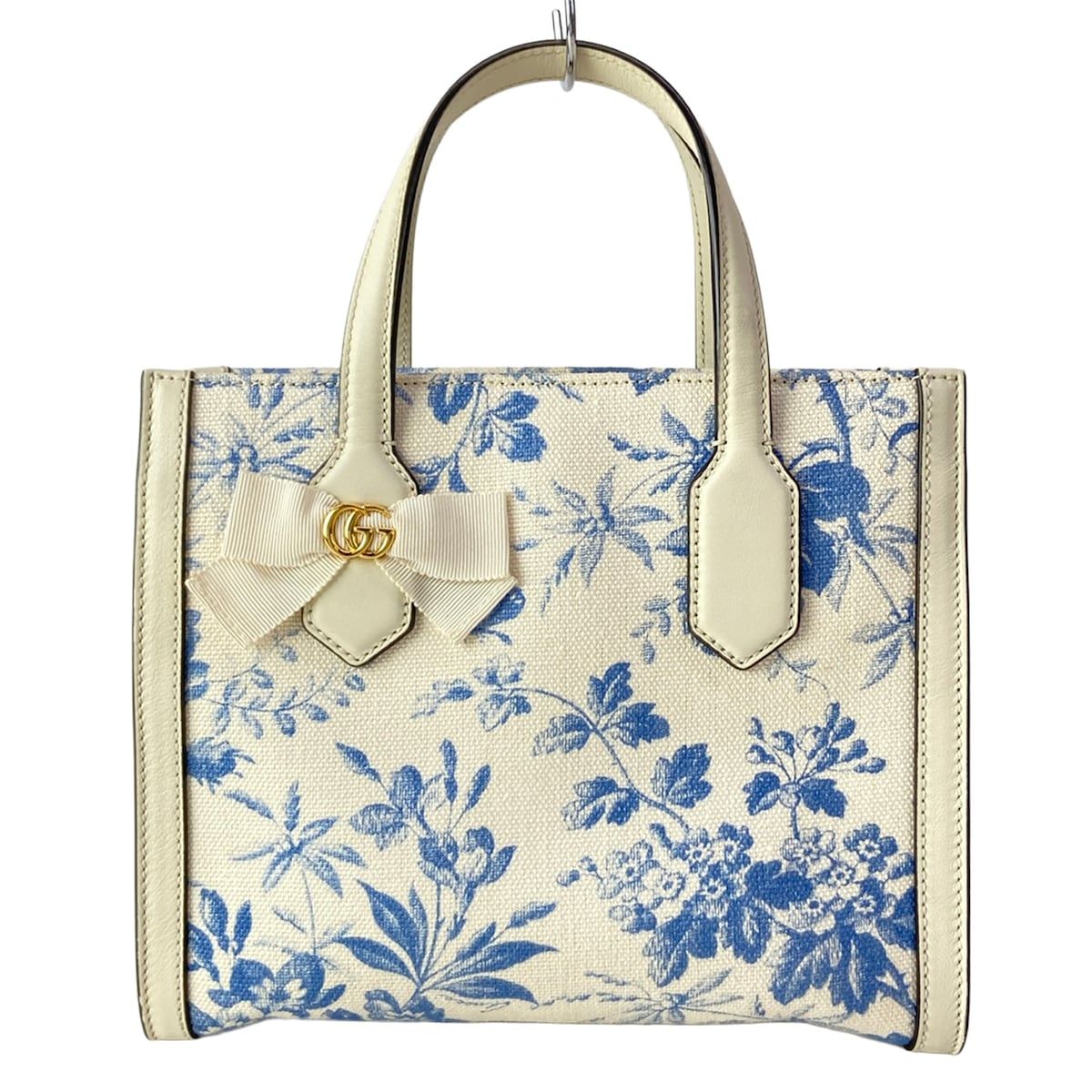GUCCI(グッチ) トートバッグ GGリボン/ハーバリウム 443089 アイボリー×ブルー 花柄/日本限定 レザー