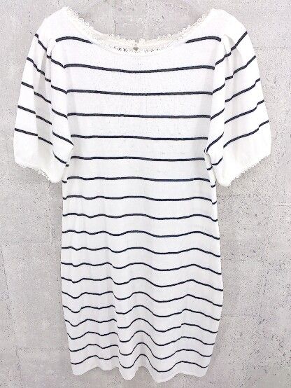 ◇　●美品● NICE CLAUP ナイスクラップ タグ付き　ボーダー 半袖 ミニ ニット ワンピース Ｆ ホワイト　 * 【1002799682688】