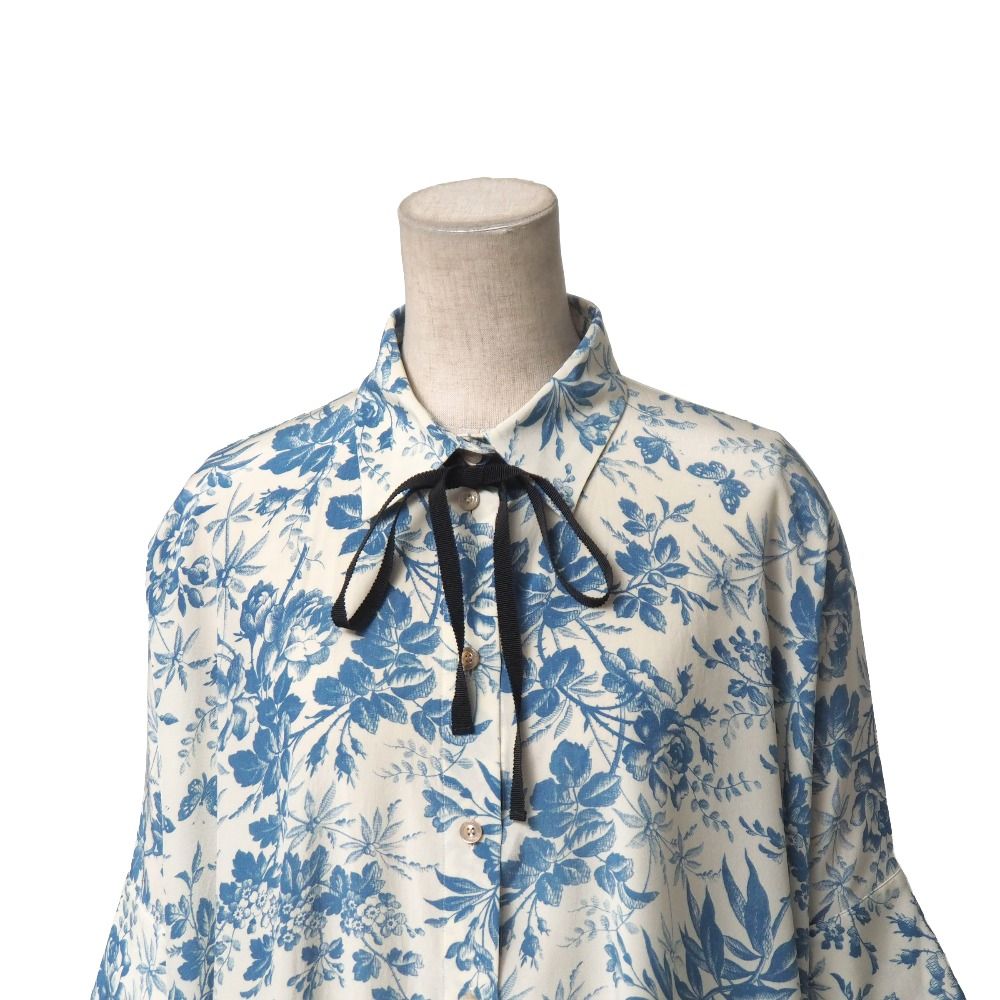 □美品□GUCCI グッチ ブラウス サイズ38 リボン付 半袖 オーバー 