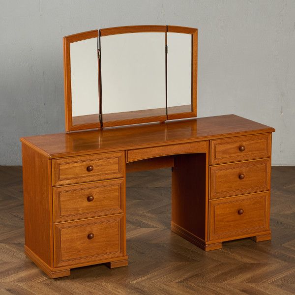 デスク・ビューロー イギリス チーク スタッグ Stag Furniture ヴィンテージ ドレッサー デスク 3面鏡 英国 机 ミラー ビンテージ 両袖机 引き出し 収納 鏡台 #98149