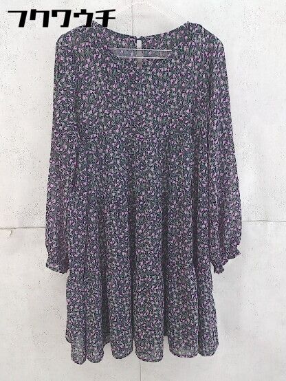 ◇ w closet ダブルクローゼット 総柄 長袖 膝丈 ワンピース サイズM ブラック パープル レディース 【中古】 【1104020004389】