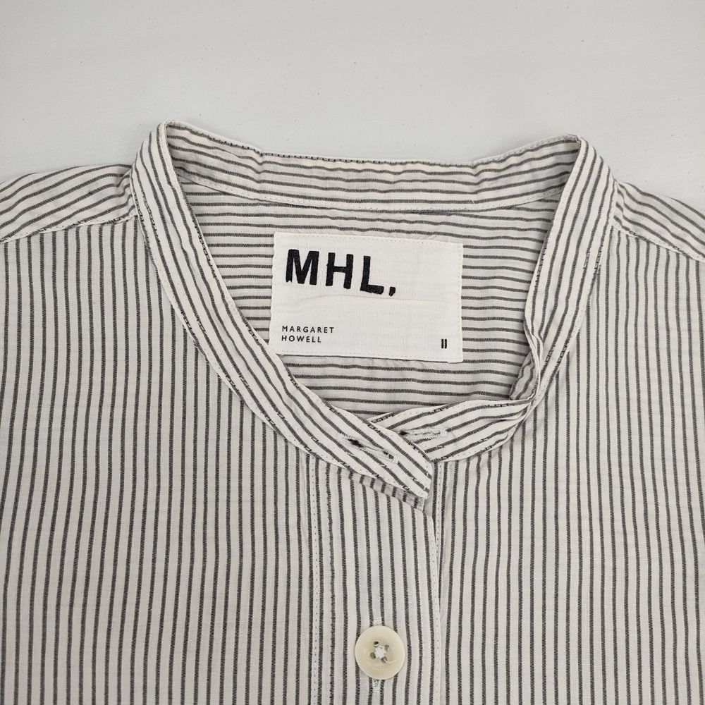 MHL. 595-0152507 COTTON LINEN STRIPE コットンリネンストライプ 定価18700円 半袖シャツ ホワイト ブラック レディース エムエイチエル【中古】6-0501S△