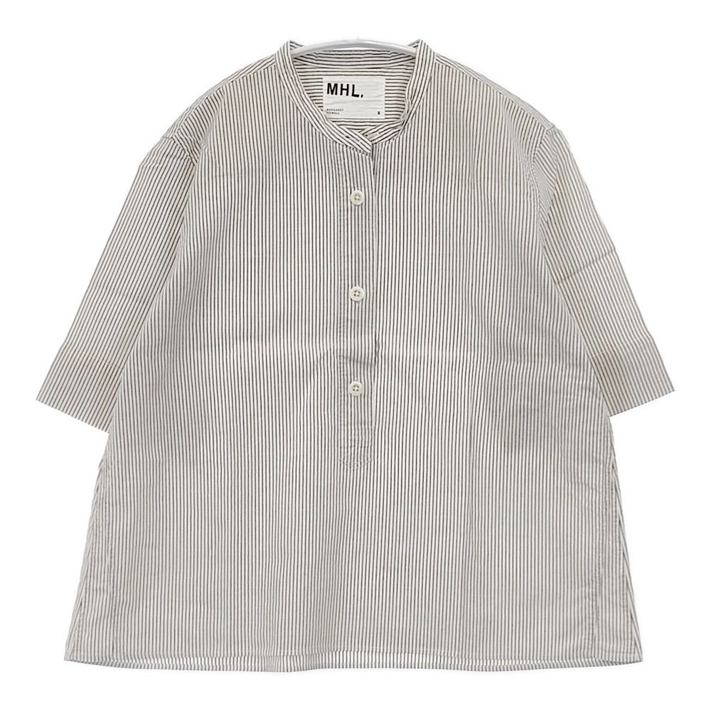 MHL. 595-0152507 COTTON LINEN STRIPE コットンリネンストライプ 定価18700円 半袖シャツ ホワイト ブラック レディース エムエイチエル【中古】6-0501S△