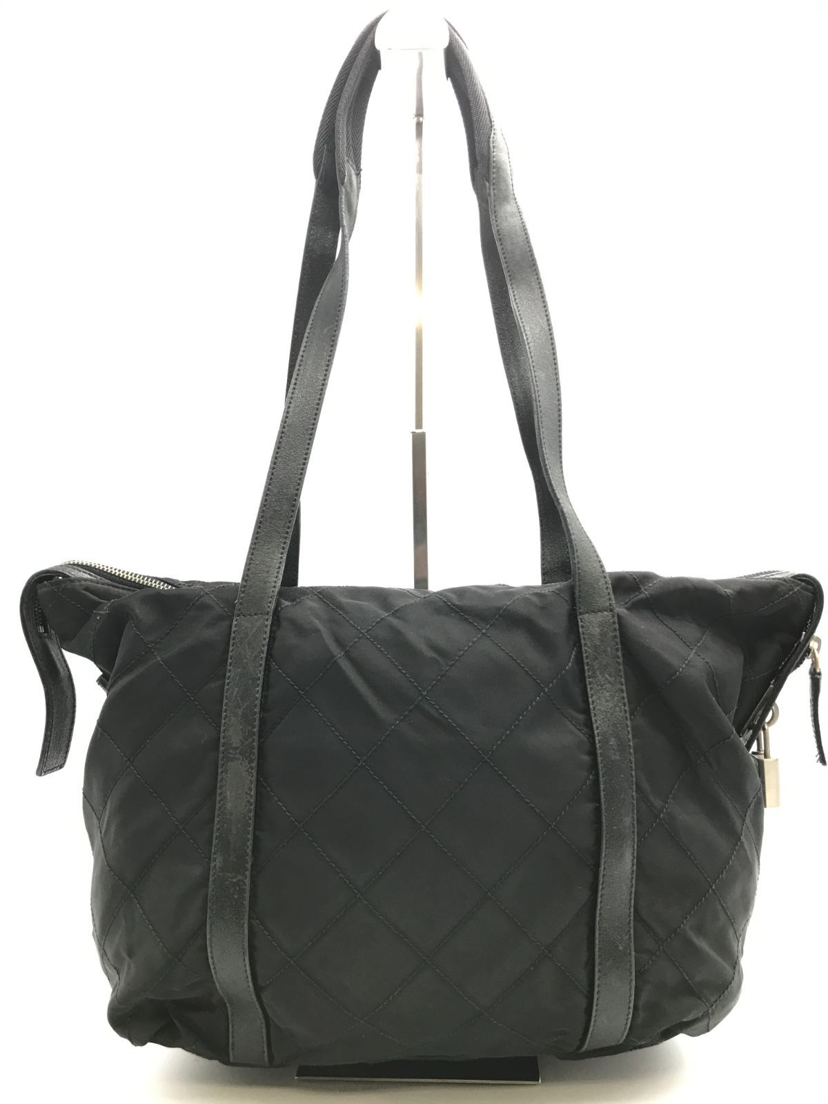 PRADA　プラダ　ショルダーバッグ　キルティング　三角ロゴ　テスートナイロン×レザー　ブラック系　肩掛け　1920