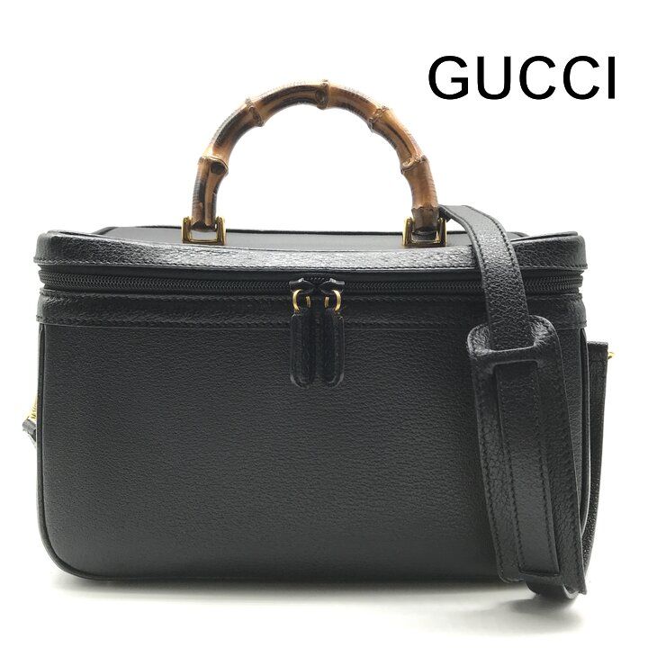 美品 GUCCI グッチ バンブー ライン レザー 2WAY ハンド ショルダー バッグ バニティ ブラック レディース ブランド 斜め掛け a12879