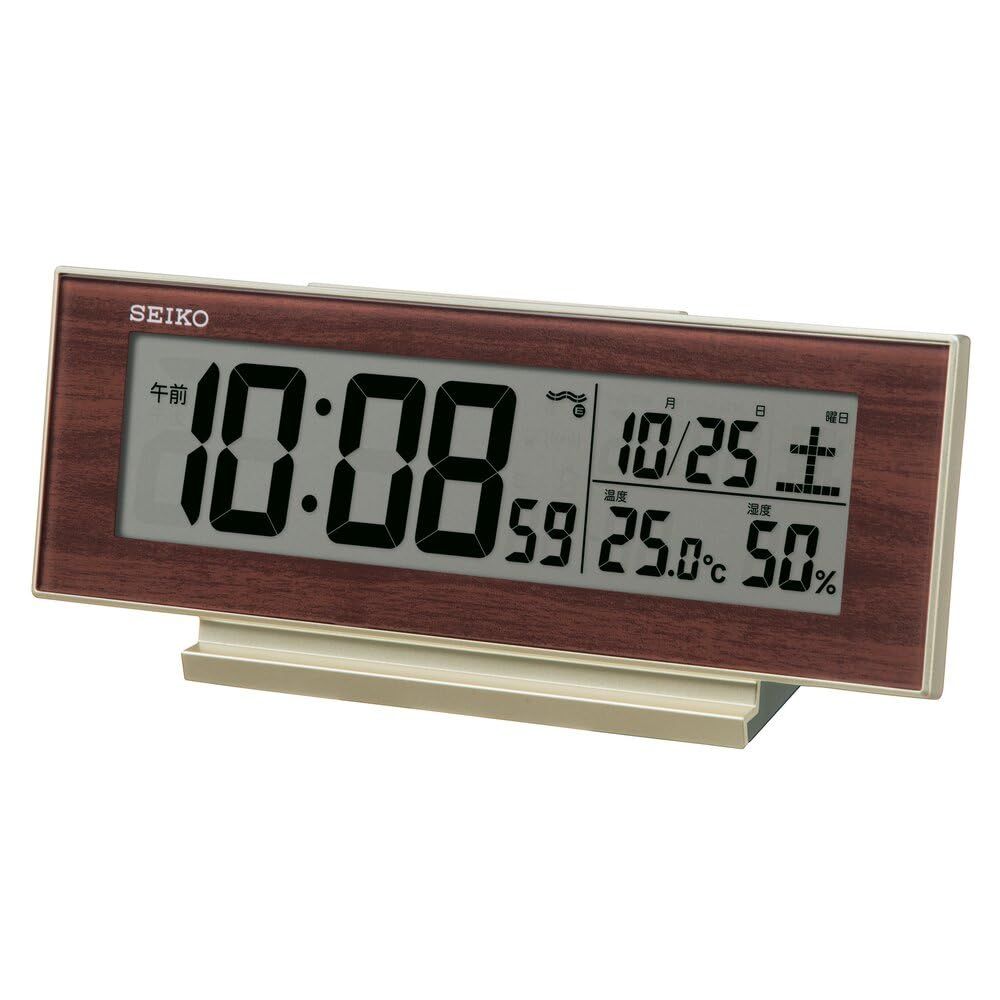 セイコークロック(Seiko Clock) 目覚まし時計 置き時計 ナチュラル テーブルクロック 電波 デジタル カレンダー 温度 湿度 表示 夜でも見える 常時点灯 薄金色パール・一部木目 82×206×51mm SQ325Bkoe 3be36483