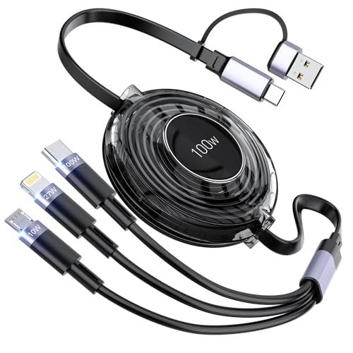 【100W】充電ケーブル 3in2 巻き取り式 充電コード 【PD対応100W/5A】超急速充電 LEDディスプレイ 超高耐久 データ転送 断線防止 iPhone15/16シリーズ充電ケーブル MacBook Pro/iPad Pro/Sur f6bff48f