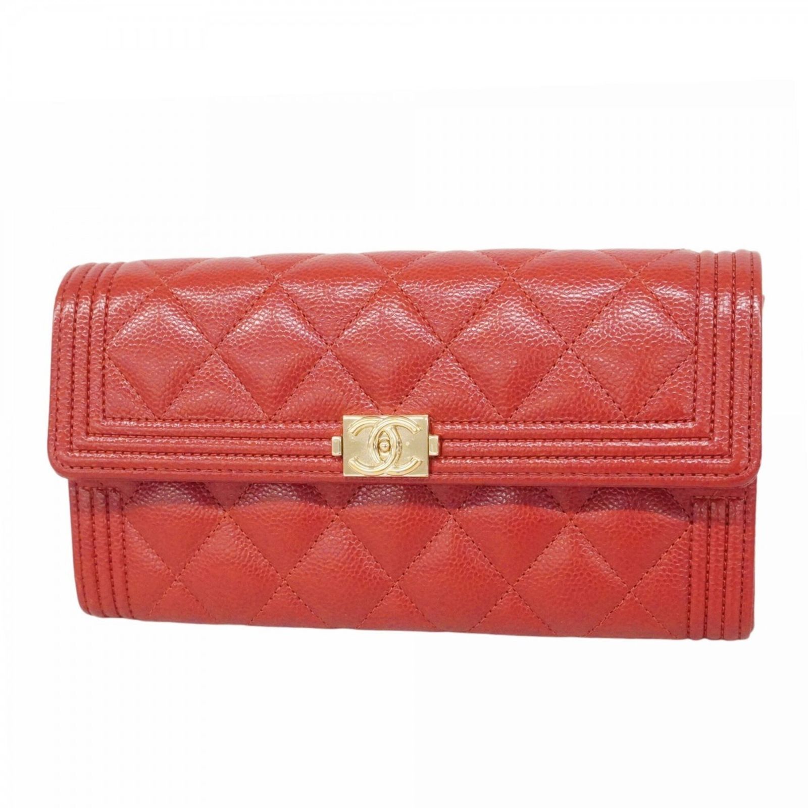 シャネル(Chanel) シャネル 長財布 ボーイシャネル キャビアスキン レッド レディース