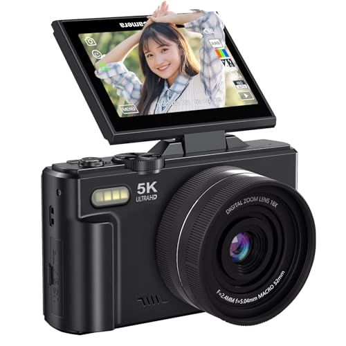 ☆新品☆AiMike デジタルカメラ 5K スマホに送れるデジカメ WIFI転送機能 7500万画素 180度回転可ディスプレイ 64GBマイクロSDカード付き 18倍デジタルズーム オートフォーカス機能 ウェブカメラ 19種類フィルター 自 9bcd4744