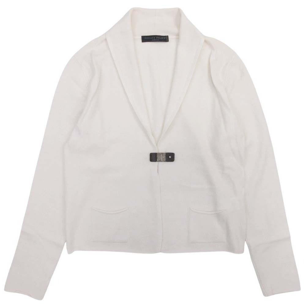 美品 FABIANA FILIPPI ファビアナ フィリッピ カシミヤニット カーディガン ショールカラー 羽織 レザー 装飾留め具 XS アイボリー レディース 古着 中古 USED