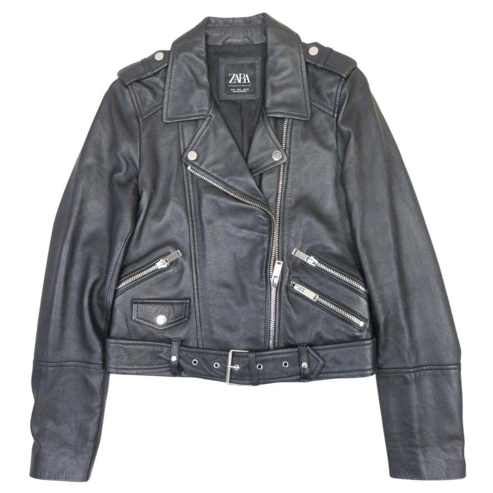 美品 ZARA ザラ 羊革 レザー ダブルライダース ブルゾン バイカージャケット アウター S 黒 ブラック レディース 古着 中古 USED