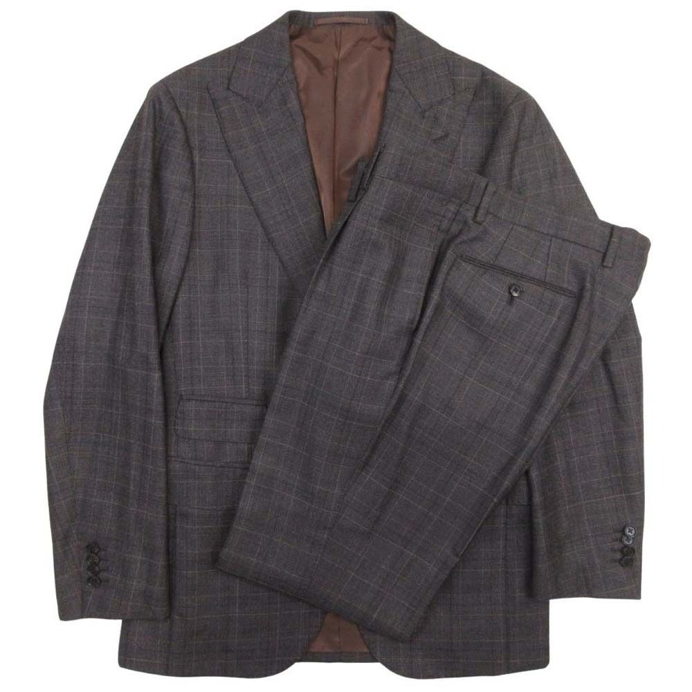 美品 Brilla per il gusto ブリッラペルイルグスト ウール チェック スーツ セットアップ ジャケット スラックスパンツ 48 ブラウン メンズ 古着 中古 USED