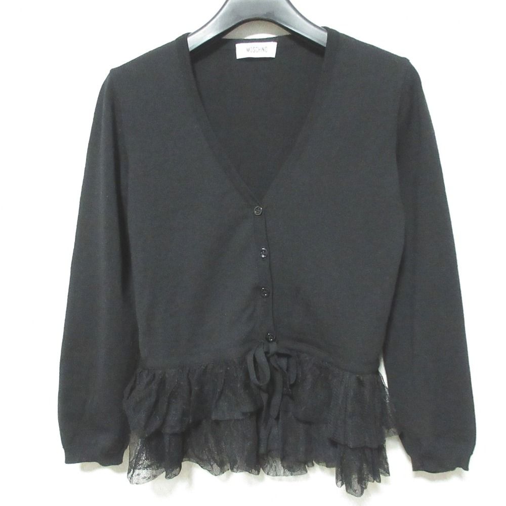 美品 MOSCHINO モスキーノ 裾チュール Vネック ニットカーディガン 42 ブラック レディース 古着 中古 USED