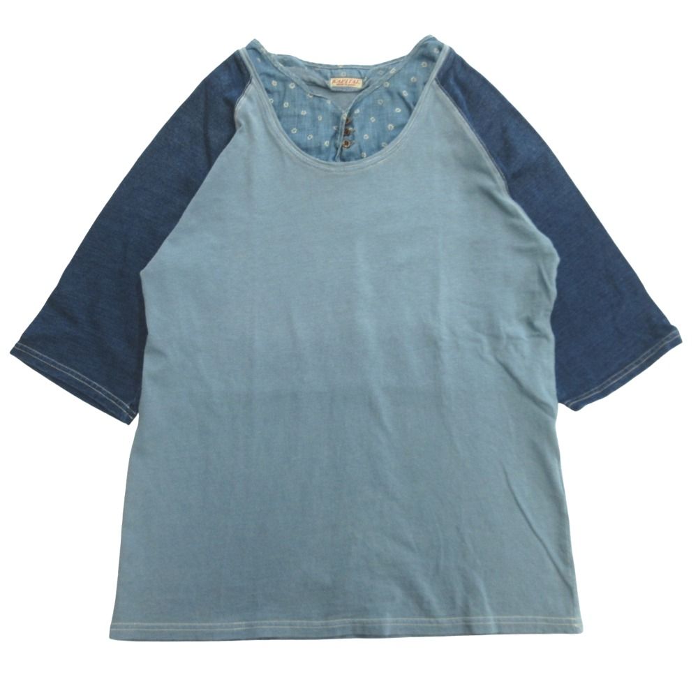 美品 KAPITAL キャピタル フェイクレイヤード Tシャツ カットソー シャツ 五分丈 ヘンリーネック M インディゴ 青 ブルー メンズ 古着 中古 USED