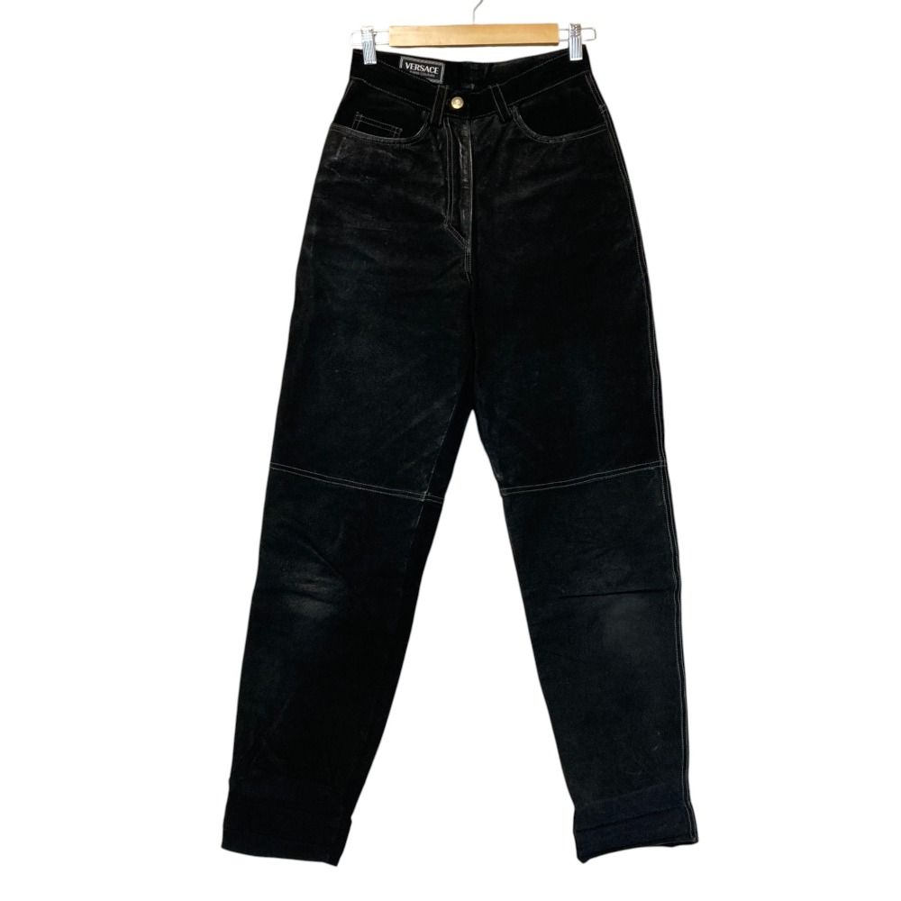 良品 VERSACE JEANS COUTURE ヴェルサーチジーンズ レザー テーパードパンツ サイズ28/42 ブラック レディース 古着 中古 USED