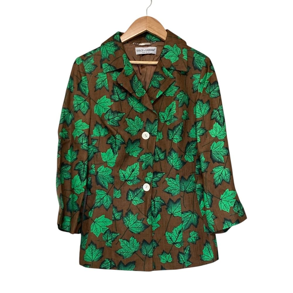 美品 DOLCE&GABBANA ドルチェアンドガッバーナ リーフプリント リネン シャツジャケット サイズ40 ブラウン グリーン レディース 古着 中古 USED