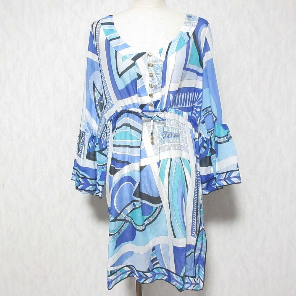 良品 EMILIO PUCCI エミリオプッチ プッチ柄 コットンシルク シアーワンピース 38 ブルー マルチカラー レディース 古着 中古 USED