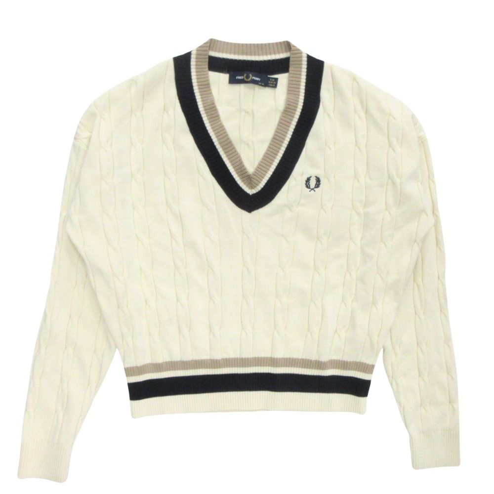 美品 FRED PERRY フレッドペリー ケーブル チルデン ニット セーター 長袖 Vネック ロゴ 刺繍 レーヨン EUR38 アイボリー 紺 ベージュ レディース 古着 中古 USED