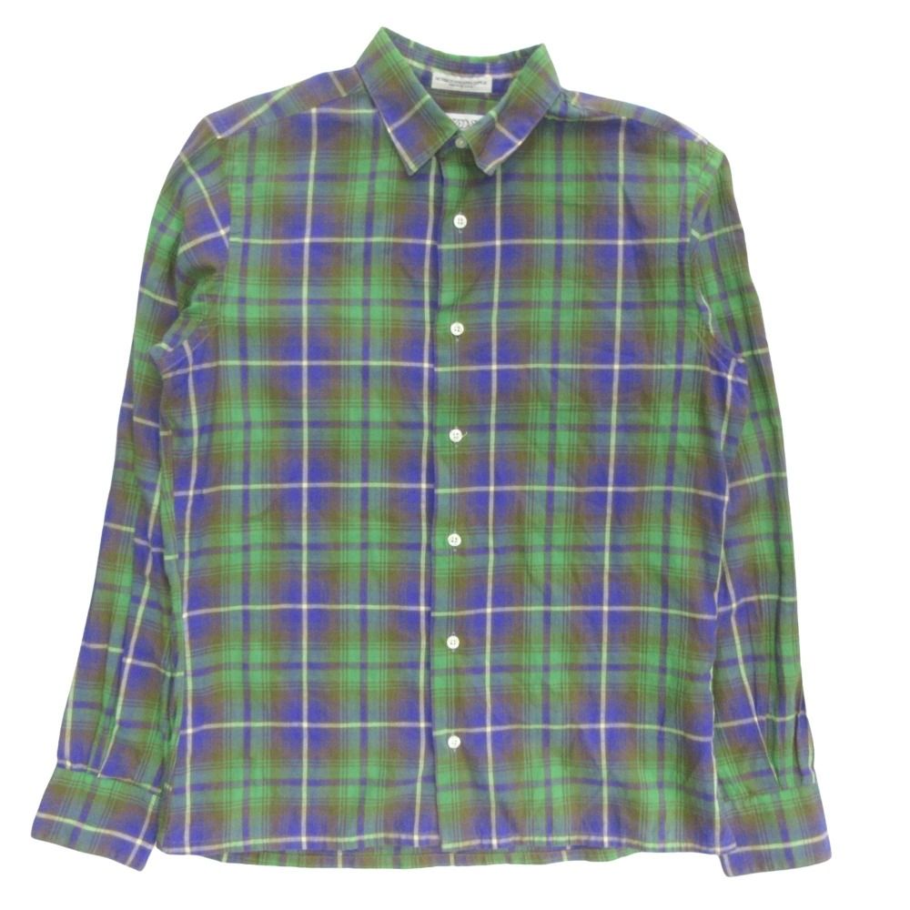 美品 INDIVIDUALIZED SHIRTS インディビジュアライズドシャツ チェック柄 シャツ カットソー 長袖 サイズS 緑 グリーン 紫 パープル レディース 古着 中古 USED