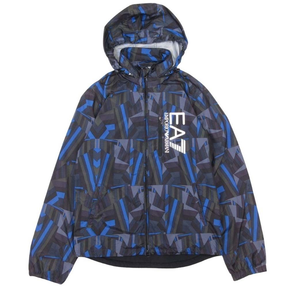 良品 EMPORIO ARMANI EA7 エンポリオアルマーニ ジオメトリック ナイロン パーカー フーディー 幾何学模様 総柄 ライトアウター M 青 メンズ 古着 中古 USED