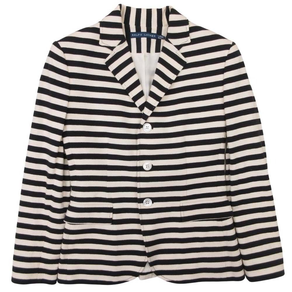 美品 RALPH LAUREN ラルフローレン ボーダー テーラードジャケット ブレザー 3釦 シングルブレスト 0 黒 ブラック ベージュ レディース 古着 中古 USED