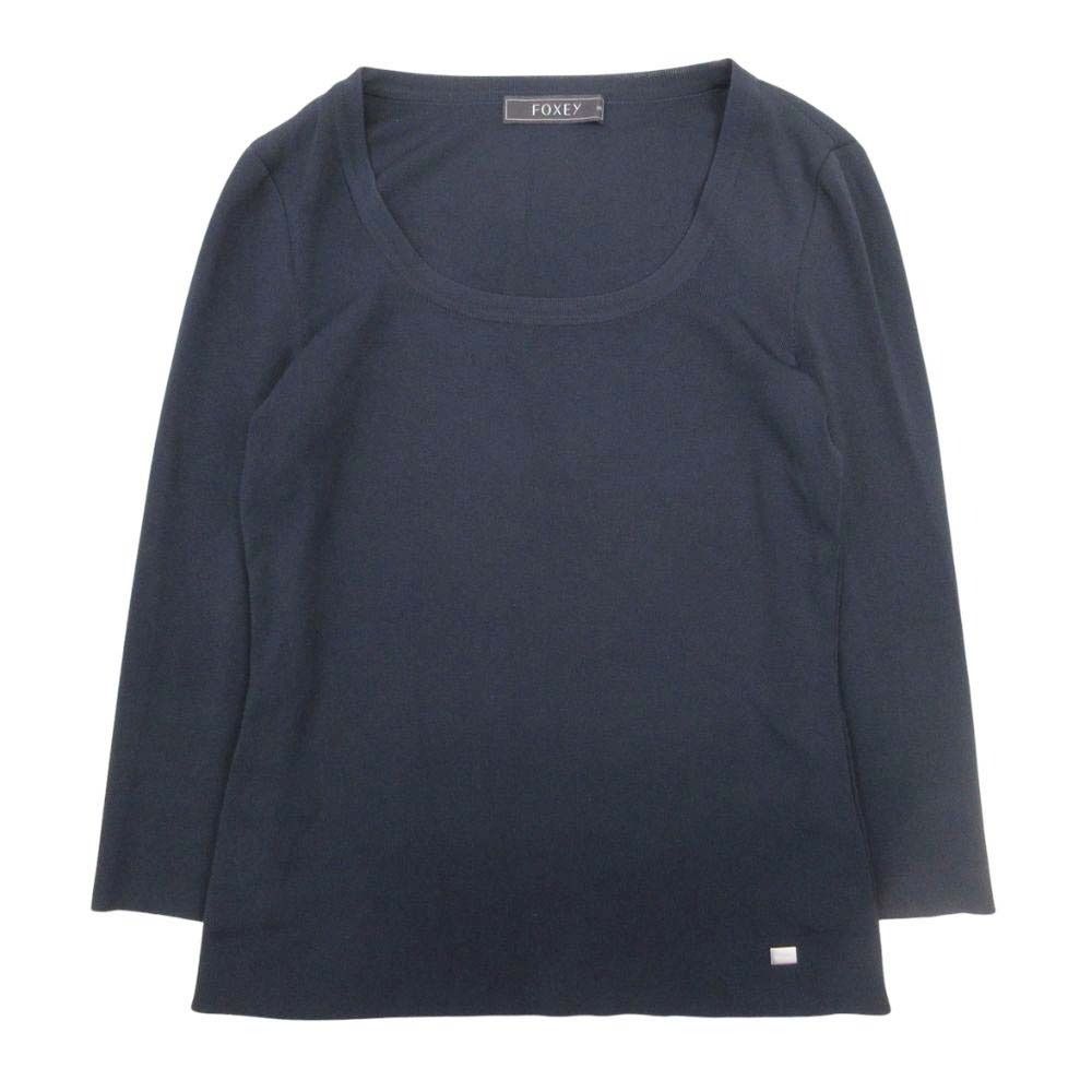 美品 FOXEY フォクシー ハイゲージ ラウンドネック ニット カットソー シャツ トップス Uネック 七分袖 40 紺 ネイビー レディース 古着 中古 USED