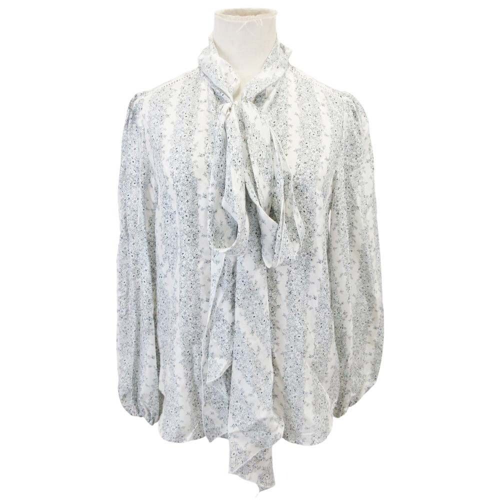 美品 SEE BY CHLOE シーバイクロエ ボウタイ 花柄 ブラウス シャツ カットソー トップス 長袖 シルク100％ 34 ライトグレー レディース 古着 中古 USED