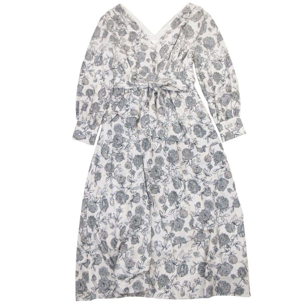 美品 AMERI アメリ CHARLOTTE ARCHAIC DRESS レトロフラワー 花柄 ワンピース ロング ドレス 長袖 ライトグレー レディース 古着 中古 USED