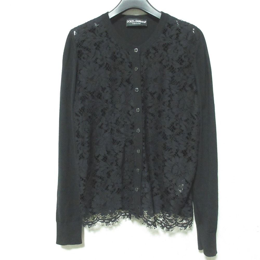 美品 DOLCE&GABBANA ドルチェアンドガッバーナ レースドッキング ニットカーディガン サイズ38 ブラック レディース 古着 中古 USED