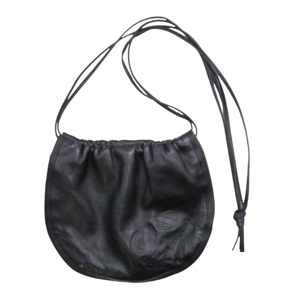 新品同様 LOEWE ロエベ vintage アナグラム ロゴ型押し 巾着 ショルダーバッグ クロスボディ ポシェット カバン 鞄 ヴィンテージ 黒 レディース 古着 中古 USED