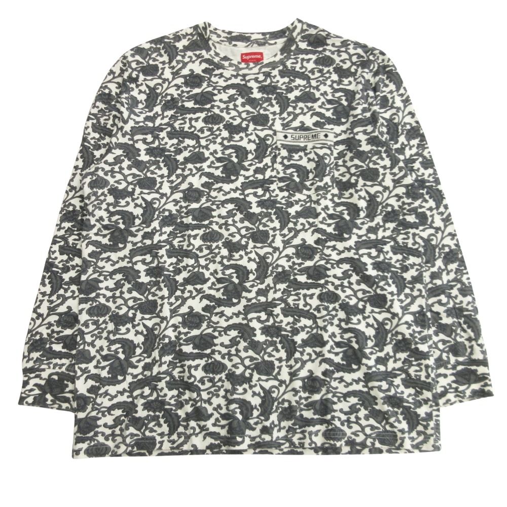 美品 Supreme シュプリーム 19ss Damask L/S Top ダマスク ロング Tシャツ 長袖 総柄 ロゴ 胸ポケット XL 白 ホワイト グレー メンズ 古着 中古 USED