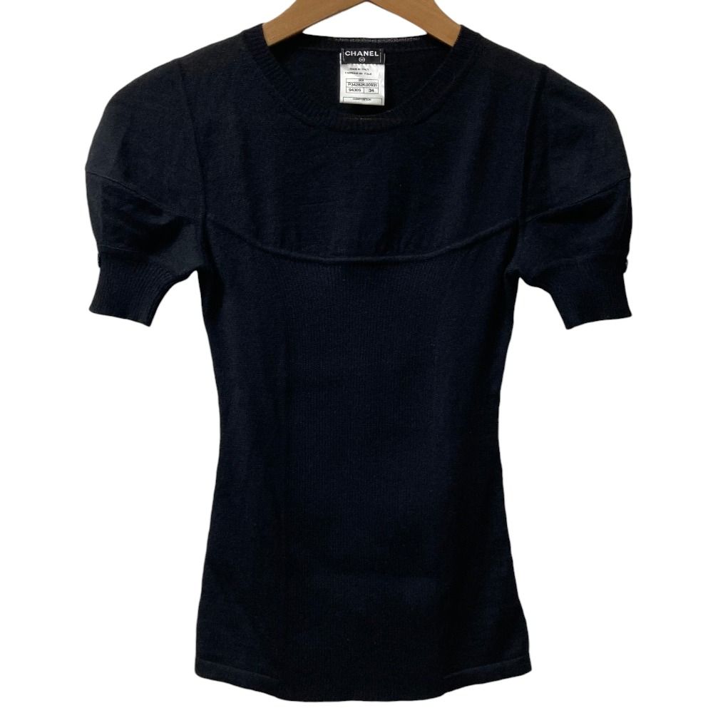 美品 CHANEL シャネル 08A カシミヤ シルク パフスリーブ ショートスリーブ ニット セーター P34282 サイズ34 ブラック レディース 古着 中古 USED