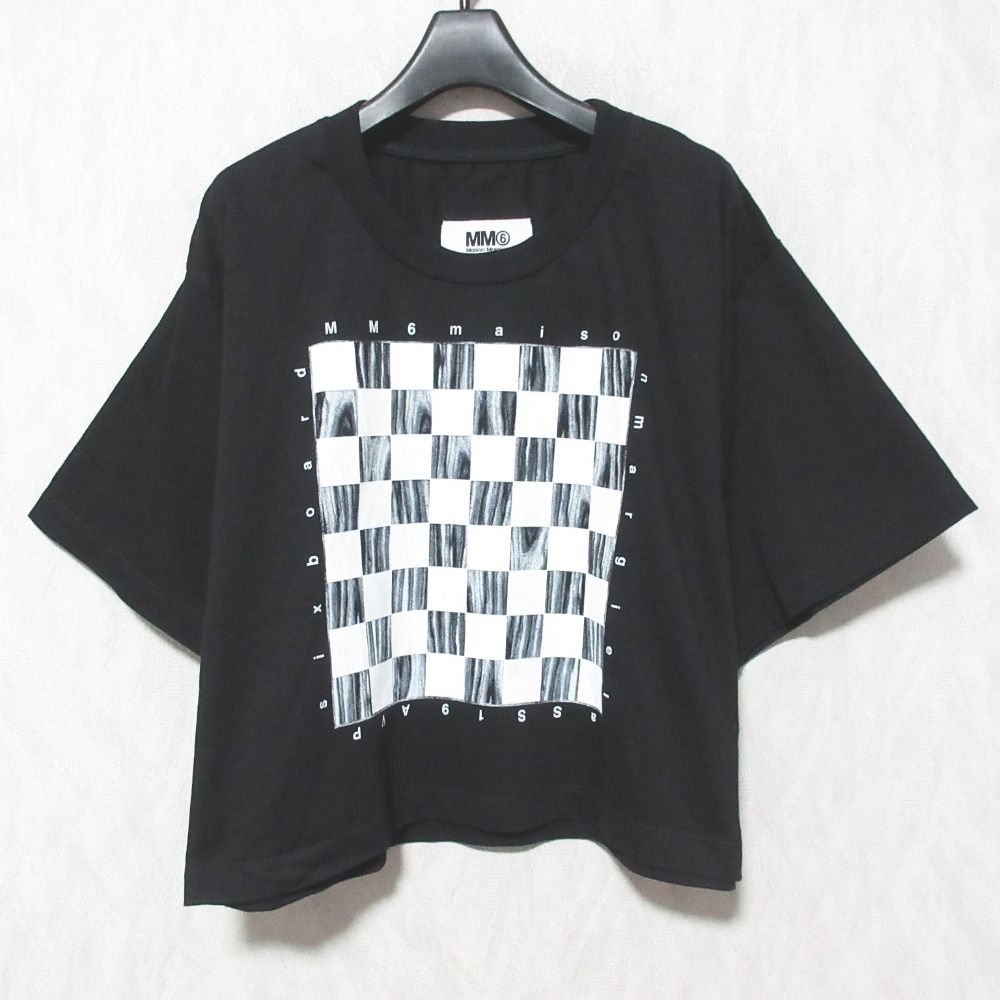 美品 MM6 エムエムシックス メゾンマルジェラ チェックプリント 半袖 クロップドカットソー Tシャツ S52GC0094 M ブラック レディース 古着 中古 USED