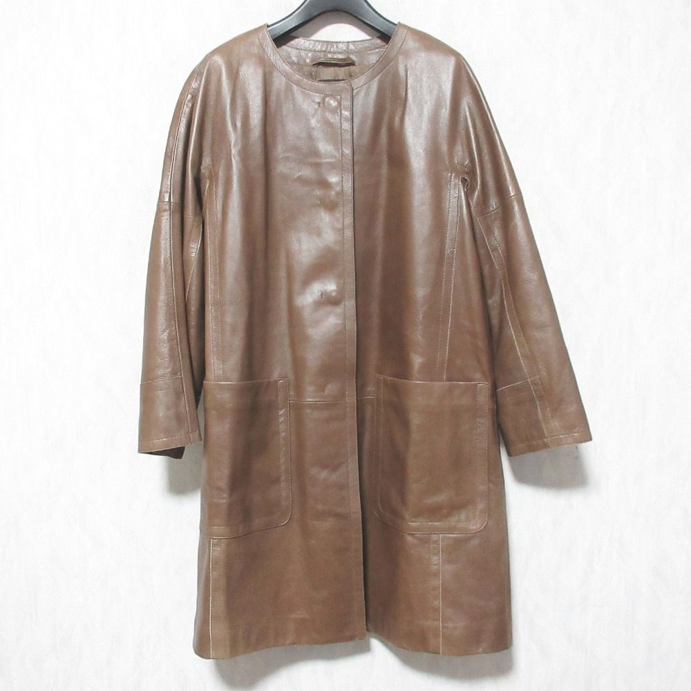 良品 WEEKEND MAX MARA ウィークエンドマックスマーラ ゴートスキン ノーカラーコート 42 ブラウン レディース 古着 中古 USED