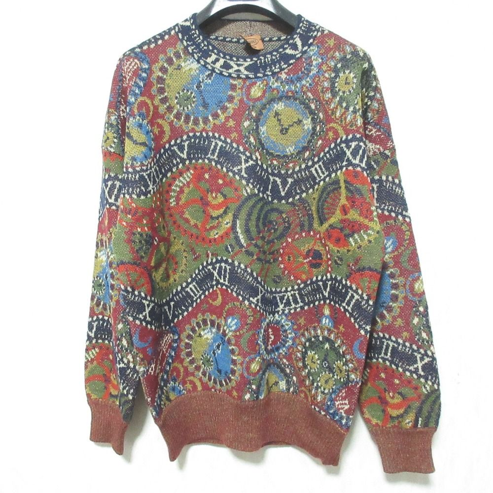 美品 MISSONI ミッソーニ クロック柄 モヘアブレンド ウール ニット セーター 48 レッド カーキ メンズ 古着 中古 USED