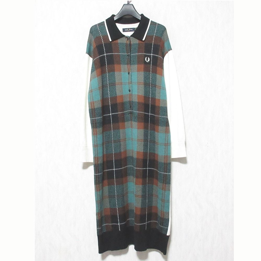 美品 FRED PERRY フレッドペリー Tartan Jacquard Dress タータンチェック ジャガード ニットワンピース F8711 8 ホワイト グリーン レディース 古着 中古 USED
