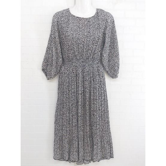 ◇ natural couture 花柄 七分袖 膝下丈 ギャザー ワンピース サイズF ブラック ホワイト マルチ レディース P 【中古】 【1208250003669】 9,988円